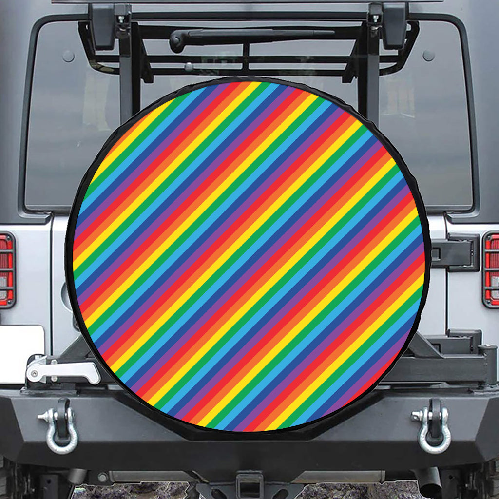 Rainbow Diagonal Striped Pattern Print Leather Spare Tire Cover