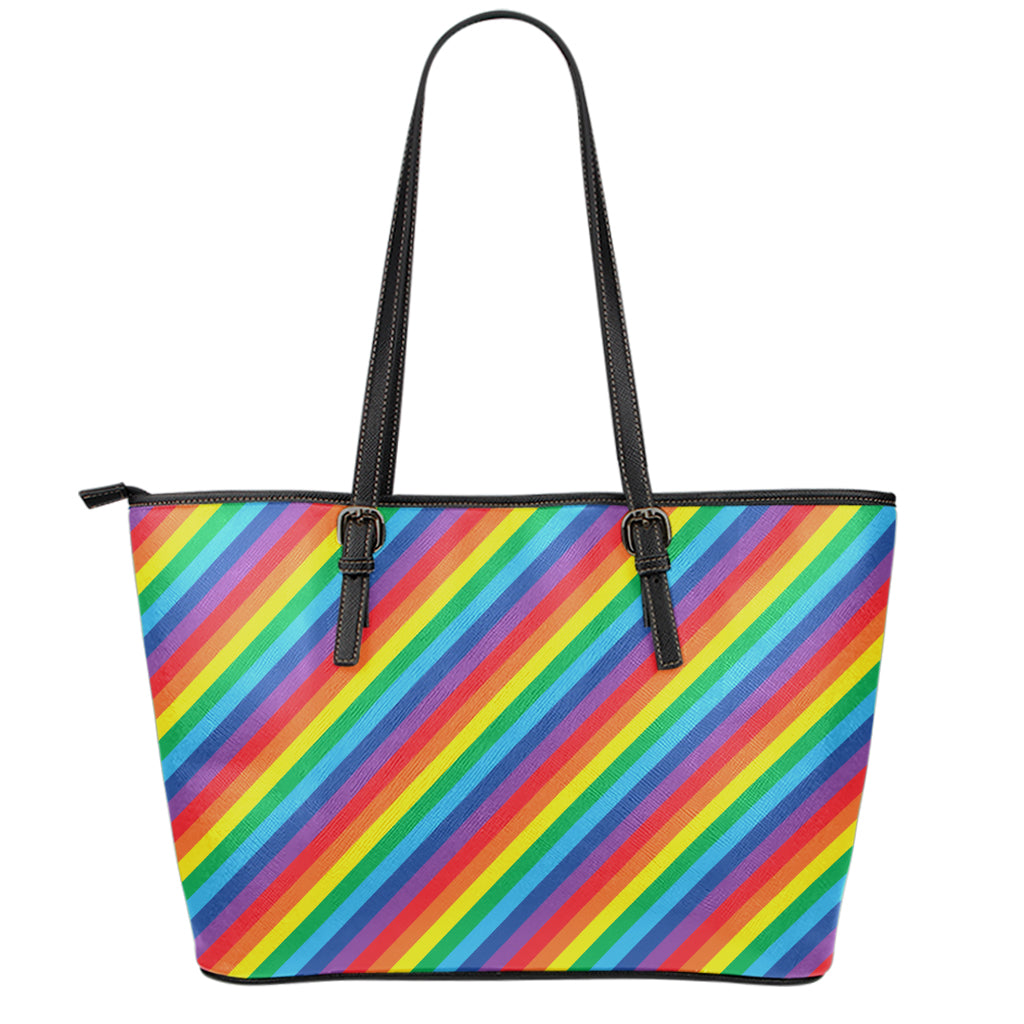 Rainbow Diagonal Striped Pattern Print Leather Tote Bag
