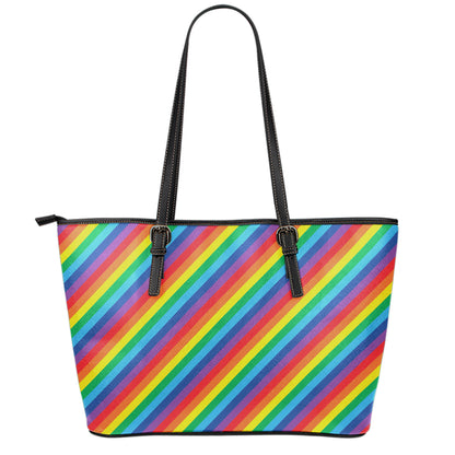 Rainbow Diagonal Striped Pattern Print Leather Tote Bag