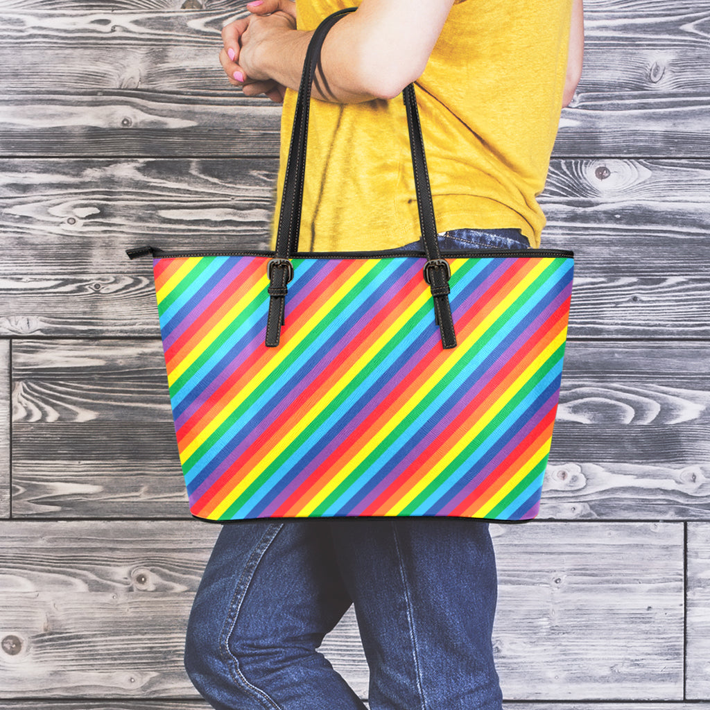 Rainbow Diagonal Striped Pattern Print Leather Tote Bag