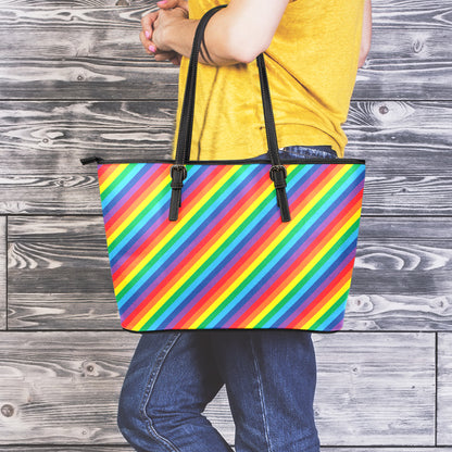 Rainbow Diagonal Striped Pattern Print Leather Tote Bag