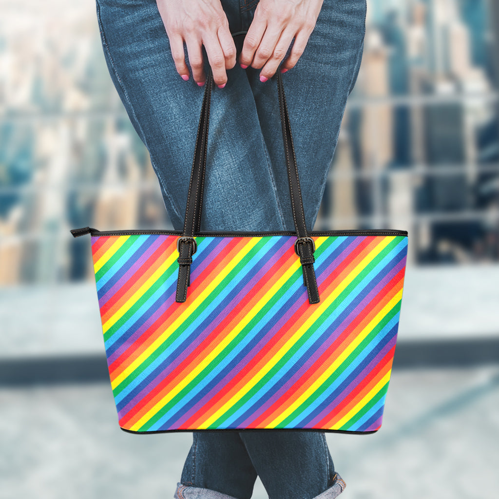 Rainbow Diagonal Striped Pattern Print Leather Tote Bag