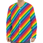 Rainbow Diagonal Striped Pattern Print Long Sleeve Baseball Jersey