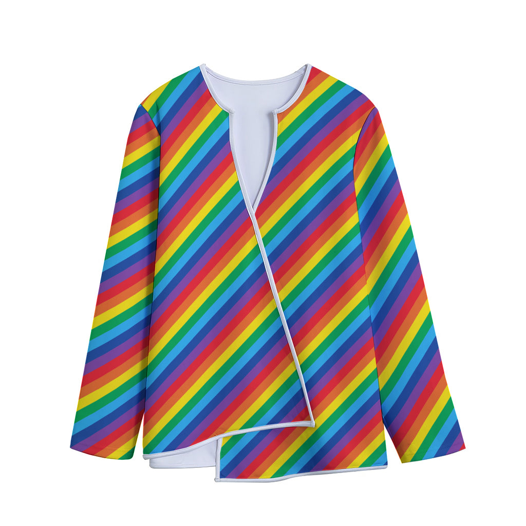 Rainbow Diagonal Striped Pattern Print Long Sleeve Short Coat