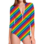 Rainbow Diagonal Striped Pattern Print Long Sleeve Swimsuit