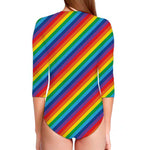 Rainbow Diagonal Striped Pattern Print Long Sleeve Swimsuit