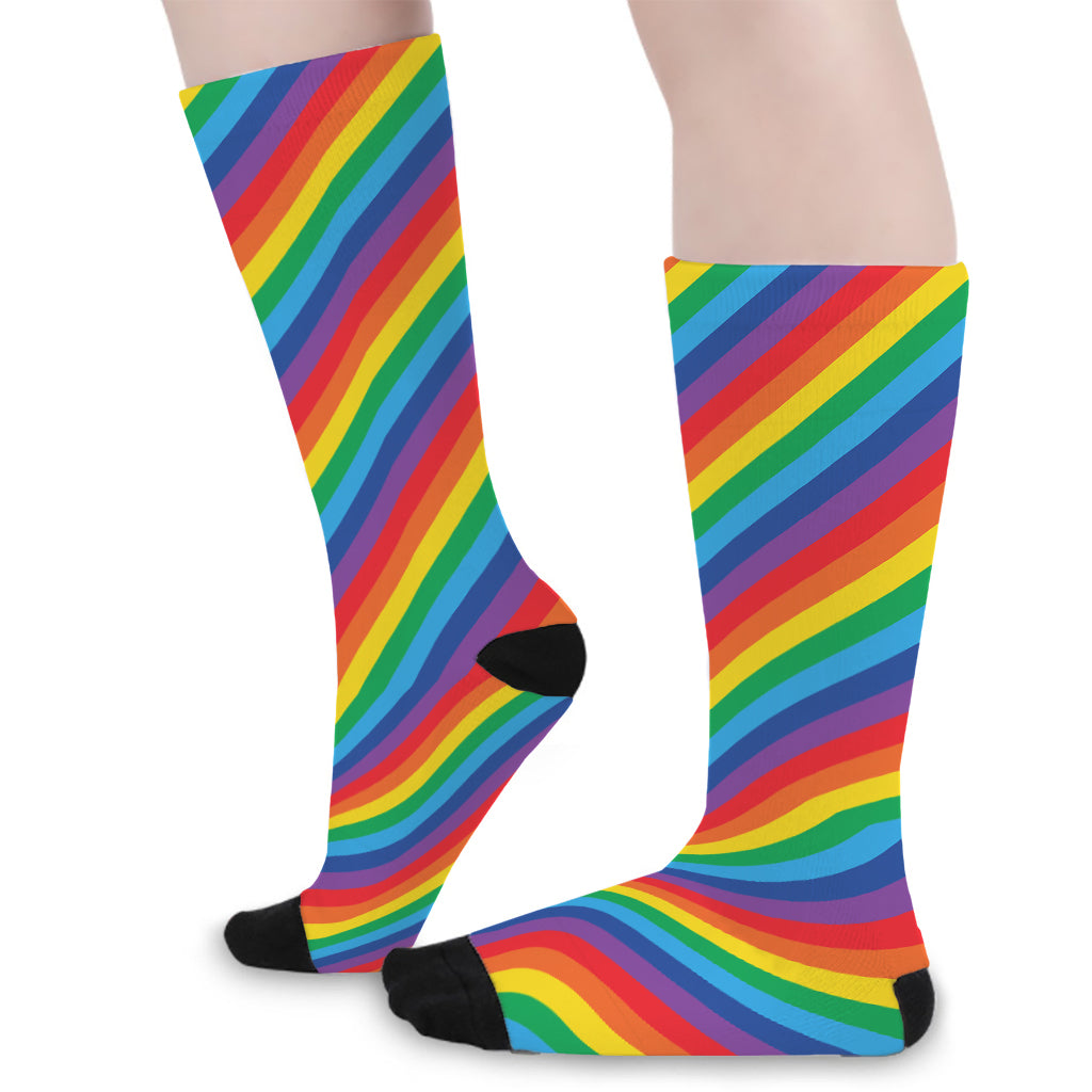 Rainbow Diagonal Striped Pattern Print Long Socks