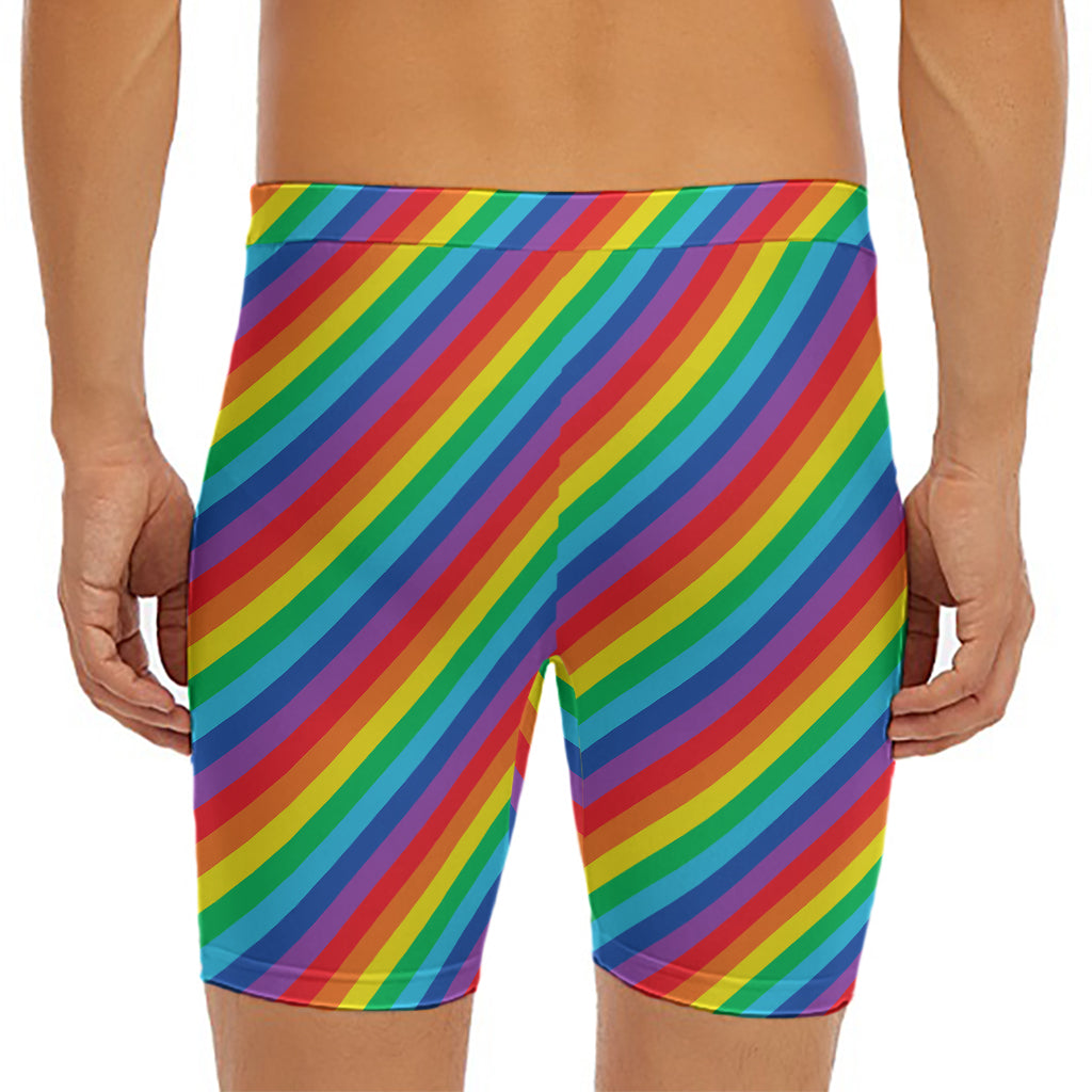 Rainbow Diagonal Striped Pattern Print Men's Long Boxer Briefs
