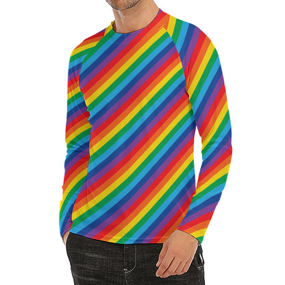 Rainbow Diagonal Striped Pattern Print Men's Long Sleeve Rash Guard