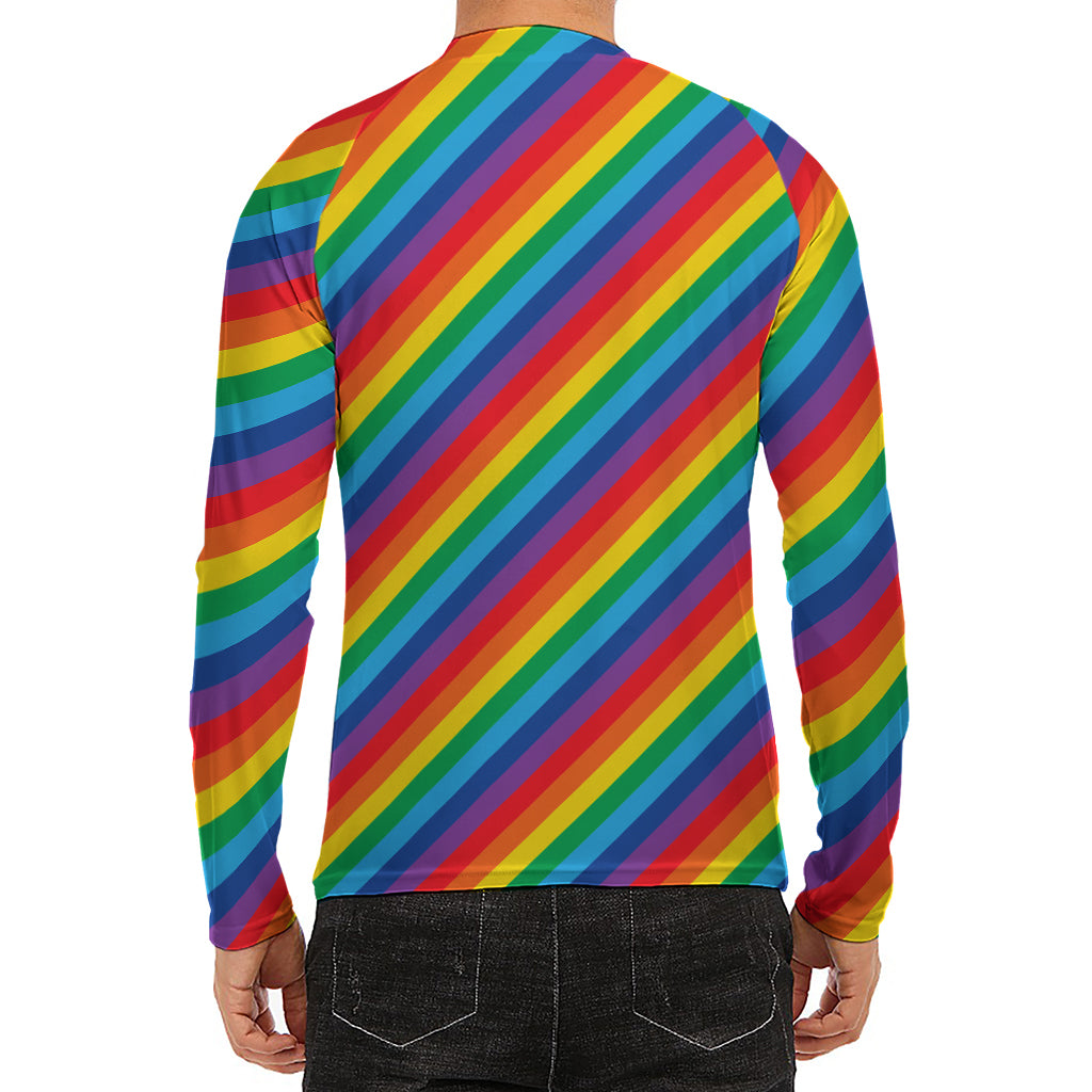 Rainbow Diagonal Striped Pattern Print Men's Long Sleeve Rash Guard