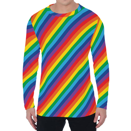 Rainbow Diagonal Striped Pattern Print Men's Long Sleeve T-Shirt