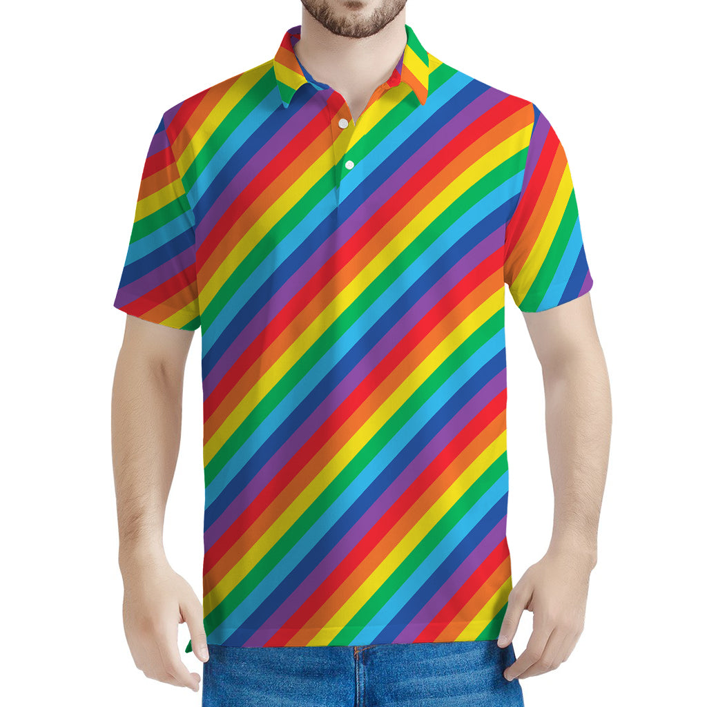 Rainbow Diagonal Striped Pattern Print Men's Polo Shirt