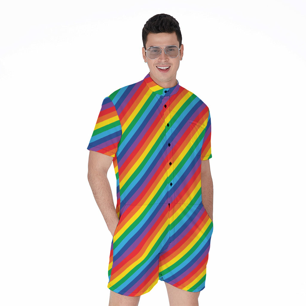 Rainbow Diagonal Striped Pattern Print Men's Rompers