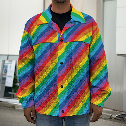 Rainbow Diagonal Striped Pattern Print Men's Shirt Jacket