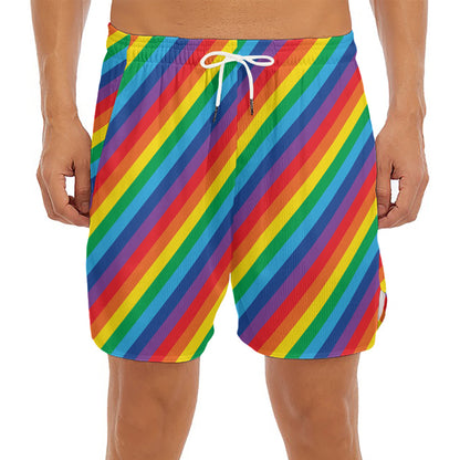 Rainbow Diagonal Striped Pattern Print Men's Split Running Shorts
