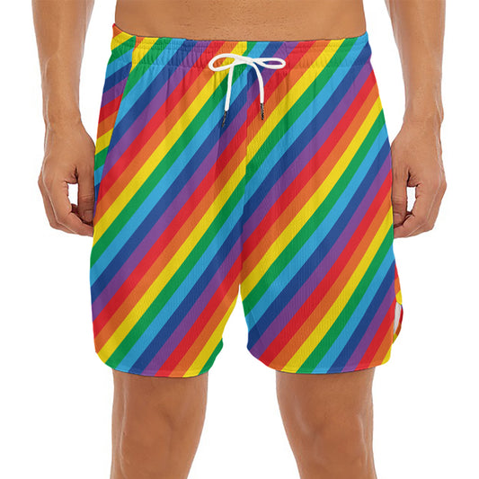 Rainbow Diagonal Striped Pattern Print Men's Split Running Shorts