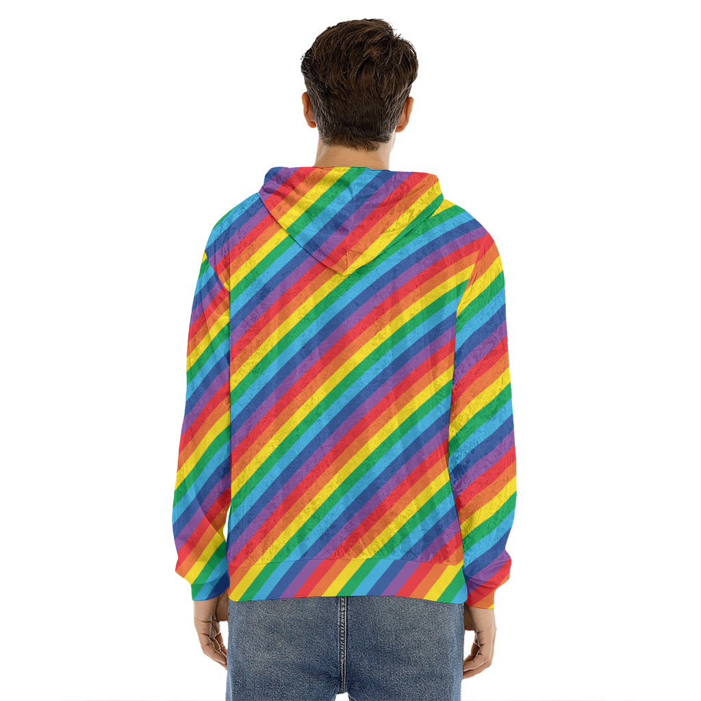 Rainbow Diagonal Striped Pattern Print Men's Velvet Pullover Hoodie