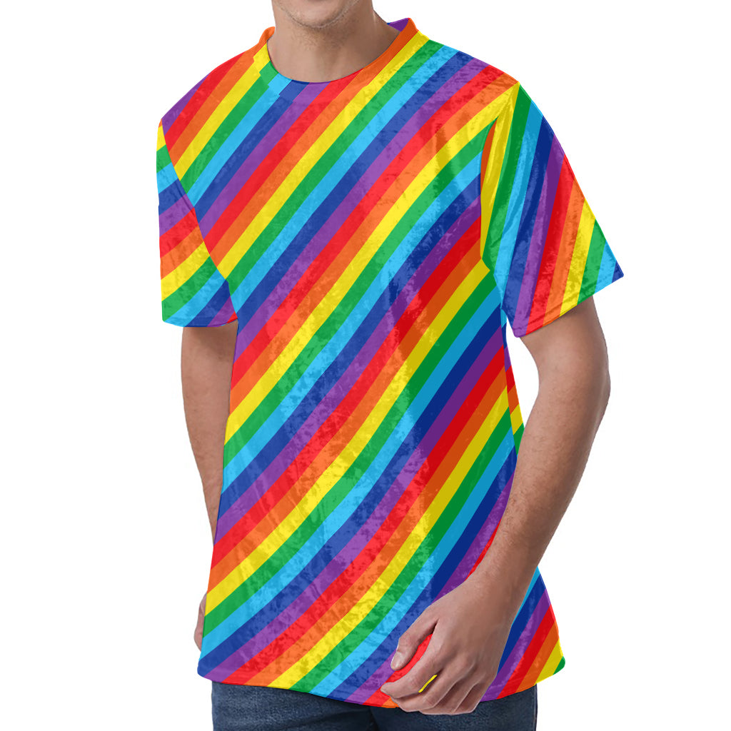 Rainbow Diagonal Striped Pattern Print Men's Velvet T-Shirt