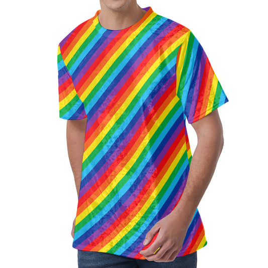 Rainbow Diagonal Striped Pattern Print Men's Velvet T-Shirt