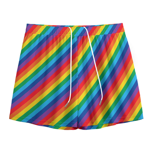 Rainbow Diagonal Striped Pattern Print Mesh Shorts