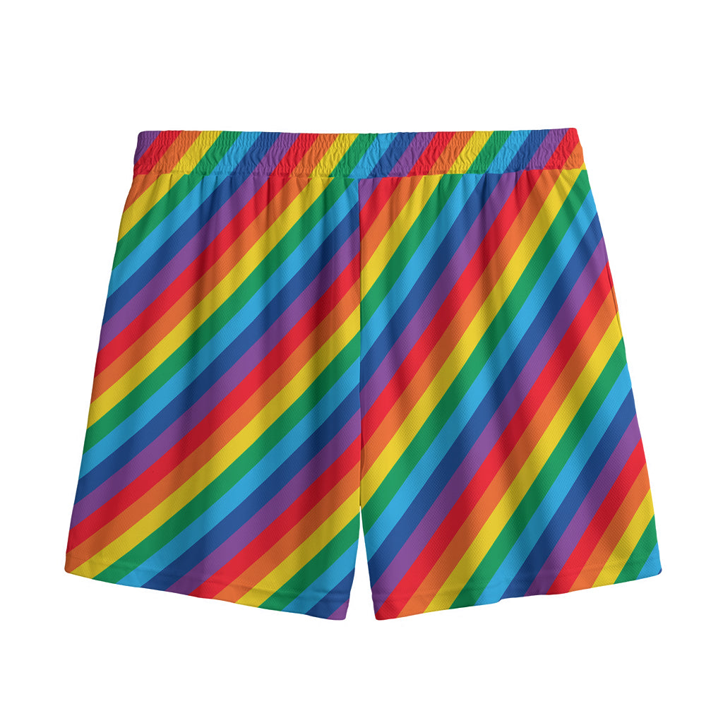 Rainbow Diagonal Striped Pattern Print Mesh Shorts