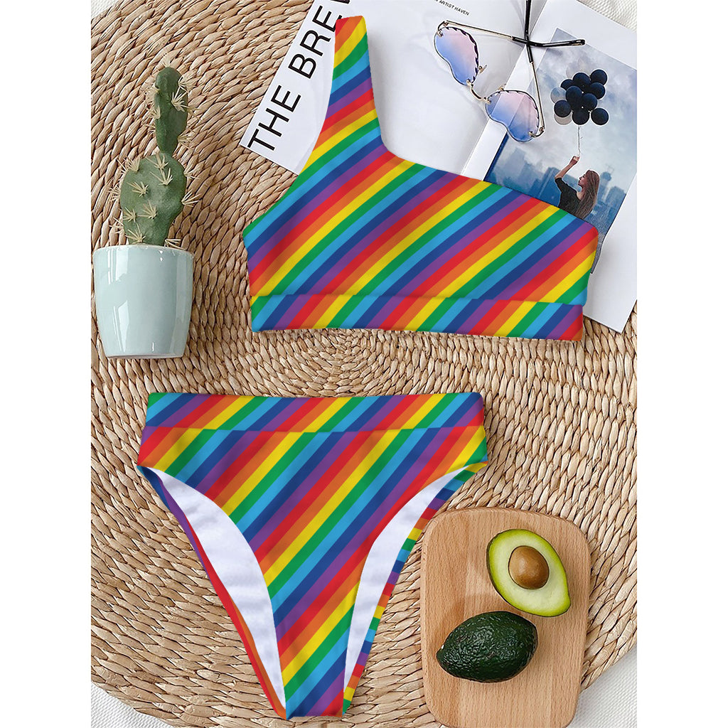 Rainbow Diagonal Striped Pattern Print One Shoulder Bikini Top