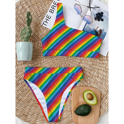 Rainbow Diagonal Striped Pattern Print One Shoulder Bikini Top