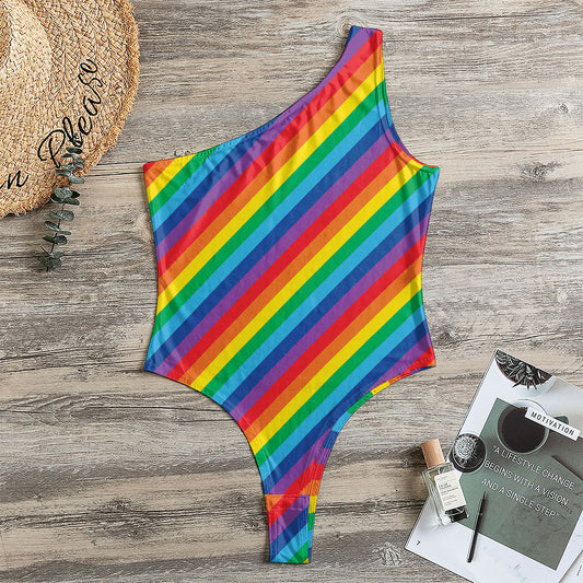 Rainbow Diagonal Striped Pattern Print One Shoulder Bodysuit