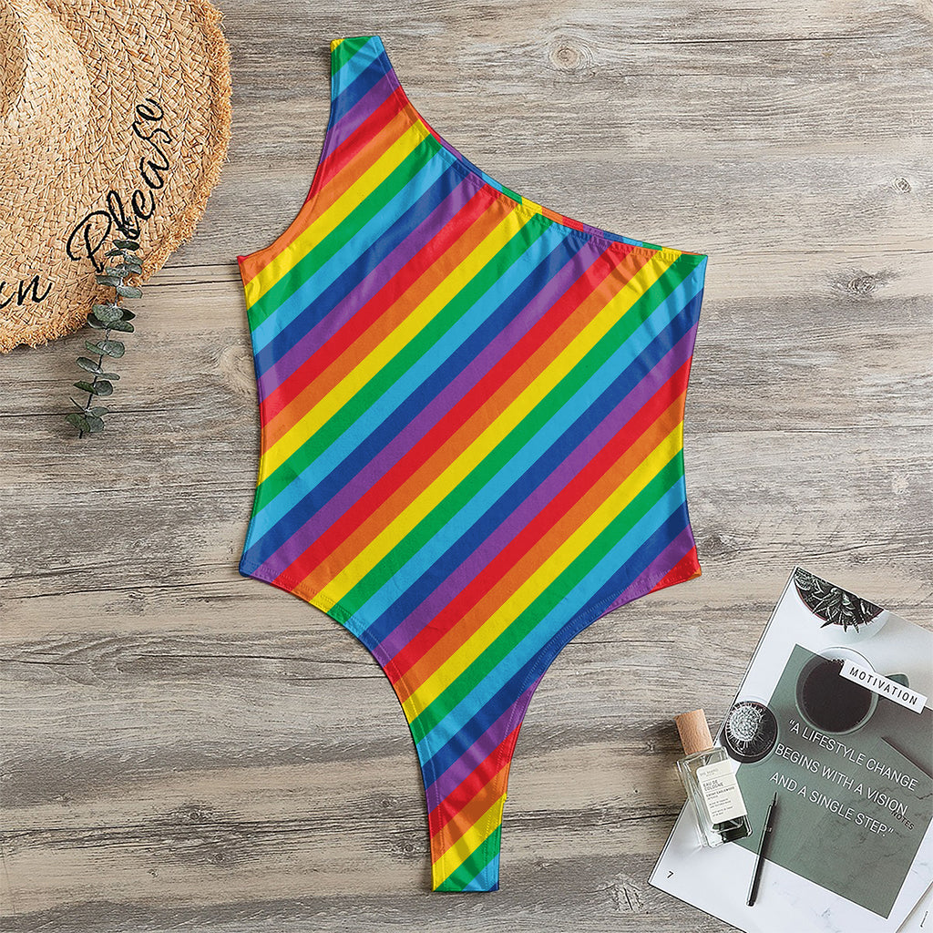 Rainbow Diagonal Striped Pattern Print One Shoulder Bodysuit