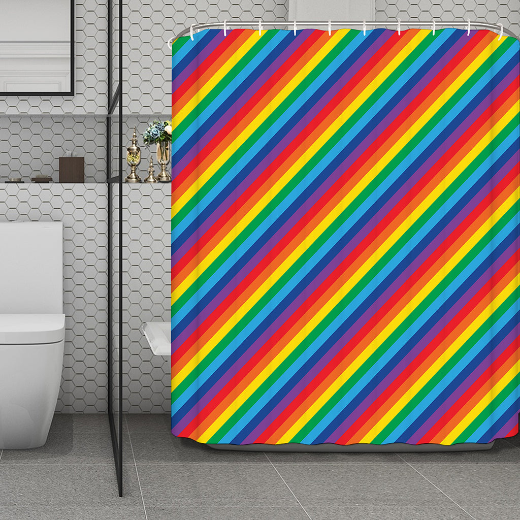 Rainbow Diagonal Striped Pattern Print Polyester Shower Curtain