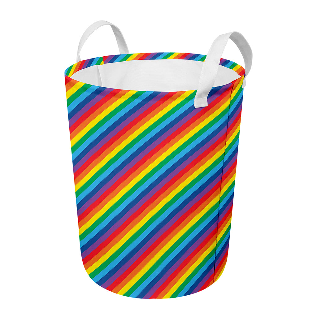 Rainbow Diagonal Striped Pattern Print Round Laundry Basket