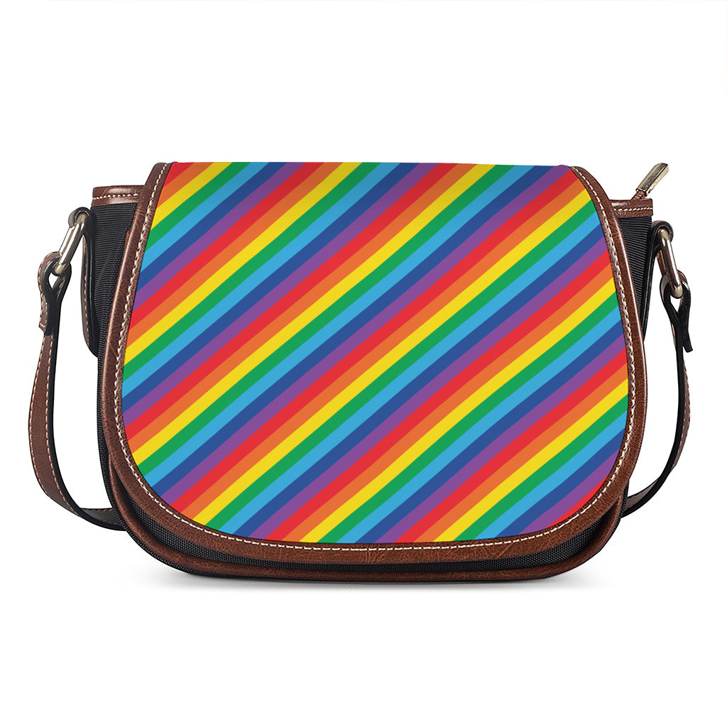 Rainbow Diagonal Striped Pattern Print Saddle Bag