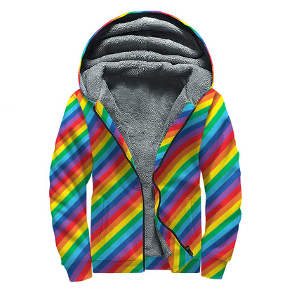 Rainbow Diagonal Striped Pattern Print Sherpa Lined Zip Up Hoodie