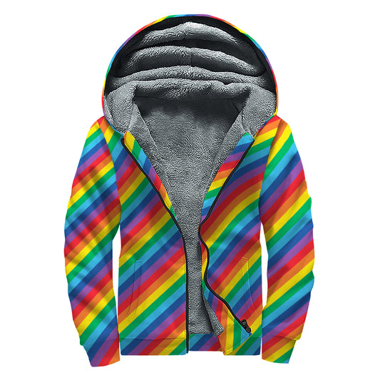 Rainbow Diagonal Striped Pattern Print Sherpa Lined Zip Up Hoodie