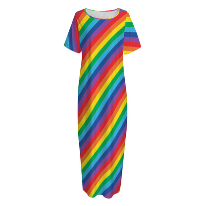 Rainbow Diagonal Striped Pattern Print Short Sleeve Long Nightdress