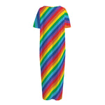 Rainbow Diagonal Striped Pattern Print Short Sleeve Long Nightdress