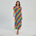 Rainbow Diagonal Striped Pattern Print Short Sleeve Maxi Dress