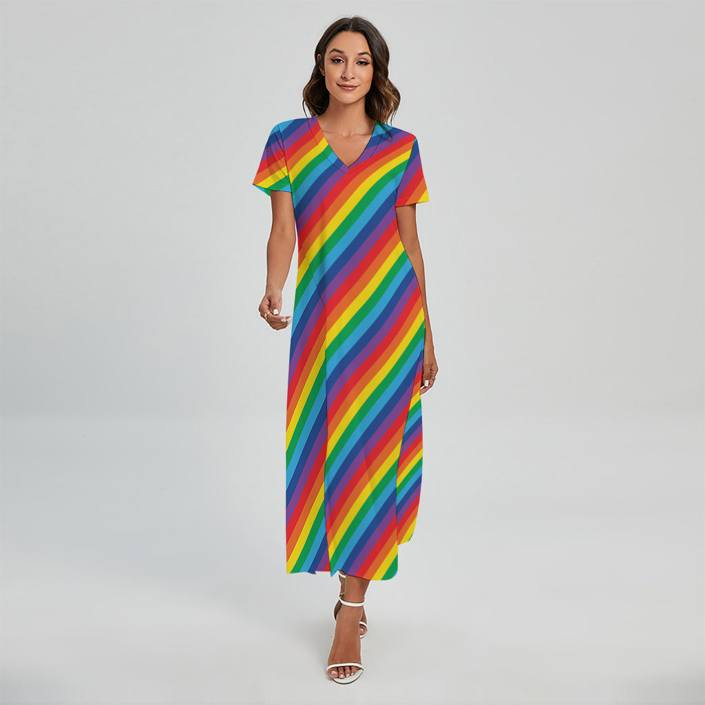 Rainbow Diagonal Striped Pattern Print Short Sleeve Maxi Dress