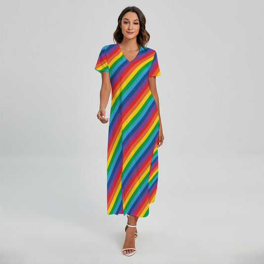 Rainbow Diagonal Striped Pattern Print Short Sleeve Maxi Dress