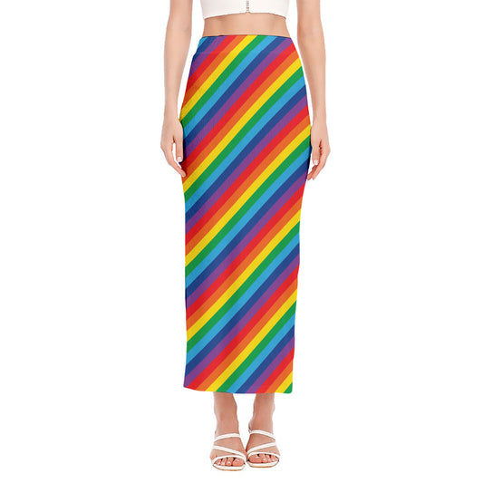 Rainbow Diagonal Striped Pattern Print Side Slit Maxi Skirt