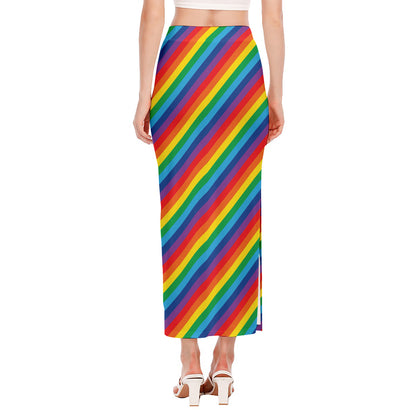 Rainbow Diagonal Striped Pattern Print Side Slit Maxi Skirt