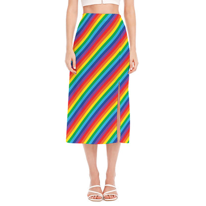 Rainbow Diagonal Striped Pattern Print Side Slit Midi Skirt