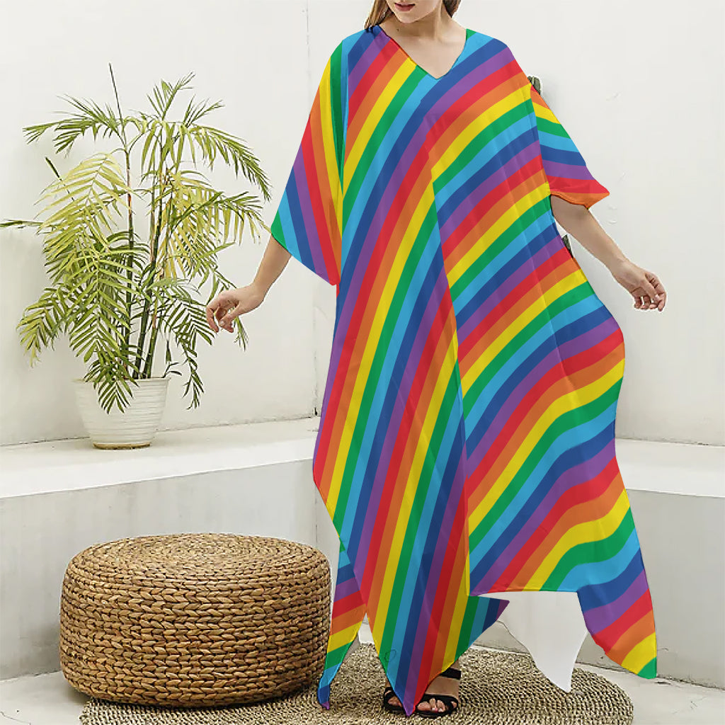 Rainbow Diagonal Striped Pattern Print Silk V-Neck Kaftan Dress