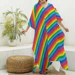 Rainbow Diagonal Striped Pattern Print Silk V-Neck Kaftan Dress
