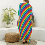 Rainbow Diagonal Striped Pattern Print Silk V-Neck Kaftan Dress