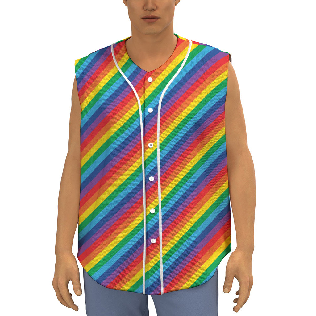 Rainbow Diagonal Striped Pattern Print Sleeveless Baseball Jersey
