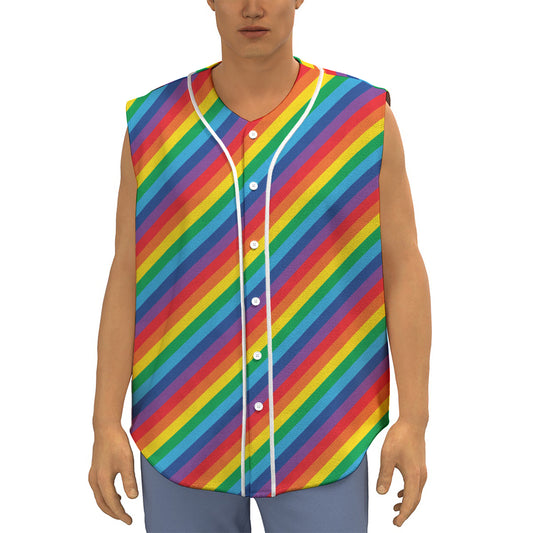 Rainbow Diagonal Striped Pattern Print Sleeveless Baseball Jersey