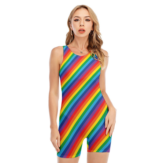 Rainbow Diagonal Striped Pattern Print Sleeveless One Piece Swimsuit