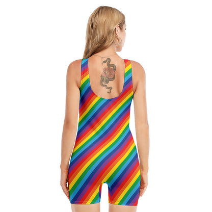 Rainbow Diagonal Striped Pattern Print Sleeveless One Piece Swimsuit