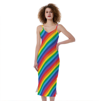 Rainbow Diagonal Striped Pattern Print Slim Fit Midi Cami Dress